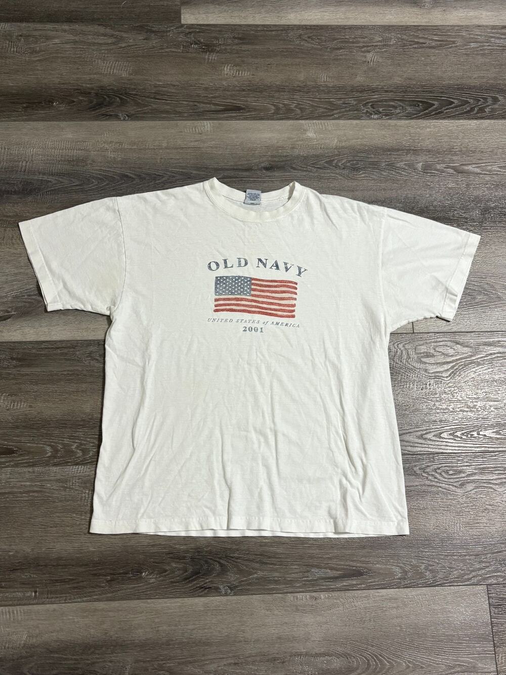 Vintage 2001 Old Navy American Flag USA White Shirt Retro America - Men’s Large